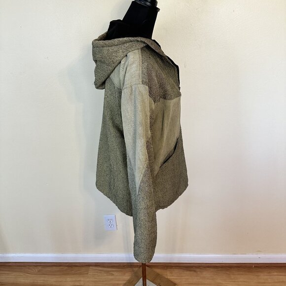 Womens Tan Jacket Zip Up Large Weave Yellow Brown Black Lining Hood Work Wear - Picture 9 of 10